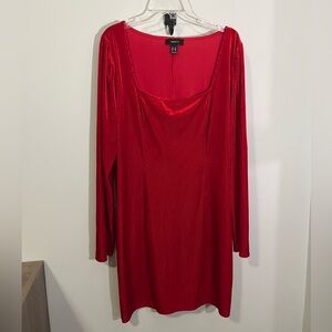 FOREVER21 Vibrant Red Ribbed Velvet Long Sleeve Square Neckline Dress